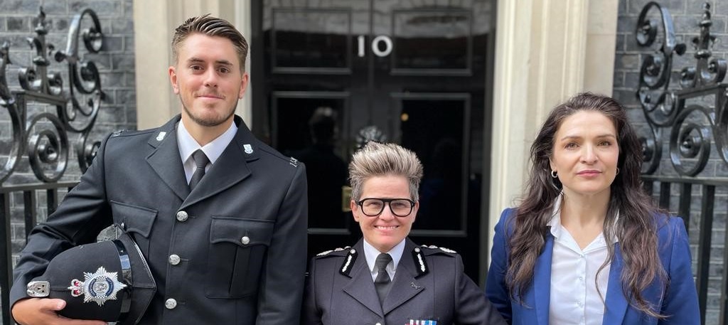 PC Todd, Chief Constable Rachel Swann and Police and Crime Commissioner Angelique Foster outside No10.